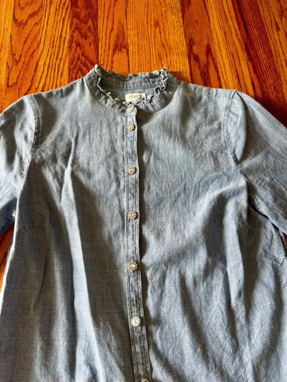 J. Crew Chambray Ruffle Collar Jewel Button-Front Blouse - Small